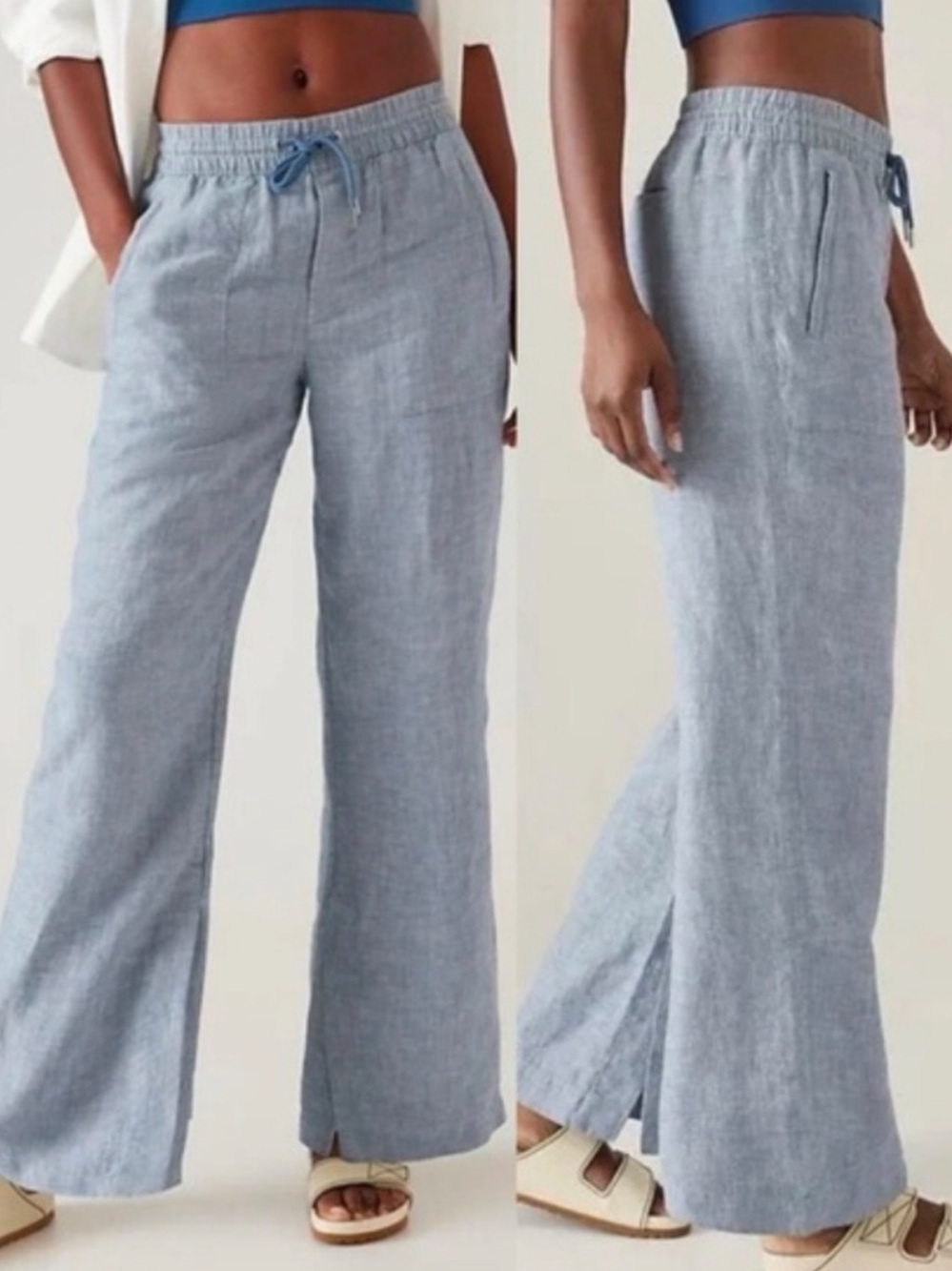 Athleta Linen Wide-Leg Drawstring Pants in Light Blue
